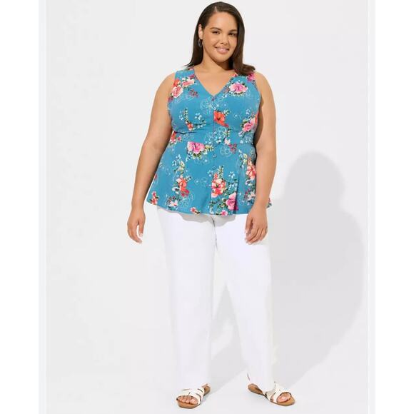 Torrid Rayon Slub Button Up With Waist Detail Tank floral blue Size 2 - Picture 1 of 6